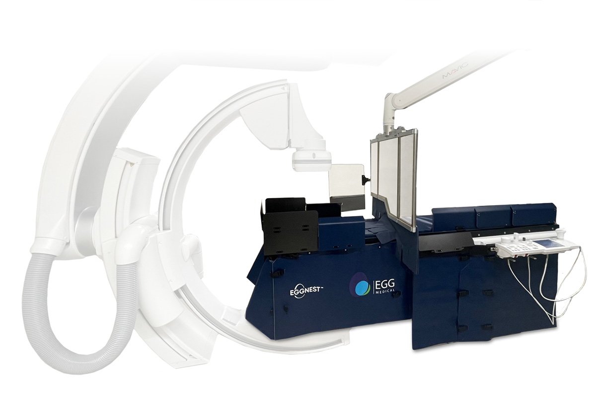 EggNest radiation protection system shown in a lab environment, providing comprehensive shielding for medical staff during interventional radi